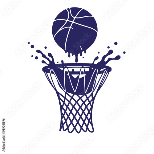 Navy blue basketball going through hoop with splash effect on black background, basketball hoop sports