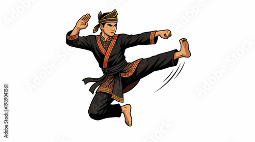 Martial arts athlete performing a dynamic jumping side kick in traditional Pencak Silat attire