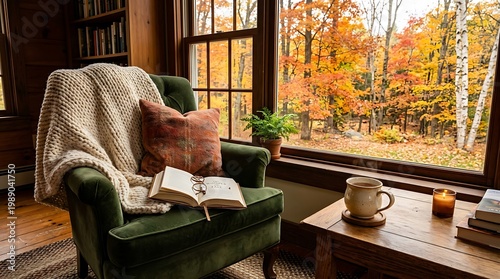 Cozy armchair with blanket and book by autumn forest view through window indoors