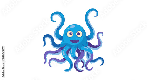 Smiling Blue Cartoon Octopus Character.