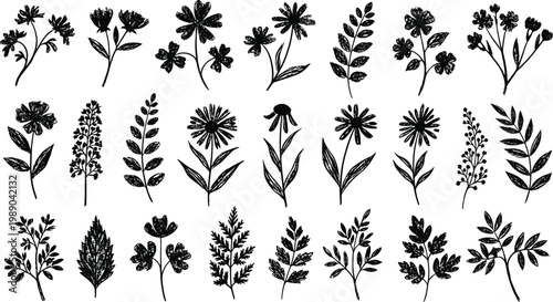 Hand-Drawn Charcoal Botanical Silhouette Set with Sketchy Floral Outlines, Textured Leaf Sprays, and Rustic Wildflower Graphics for Vintage Organic Branding