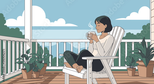 Woman sitting on a deck chair.