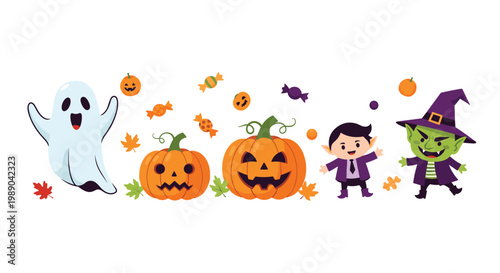 Collection of cute and spooky Halloween characters including a ghost, carved pumpkins, a little vampire, and a green witch.