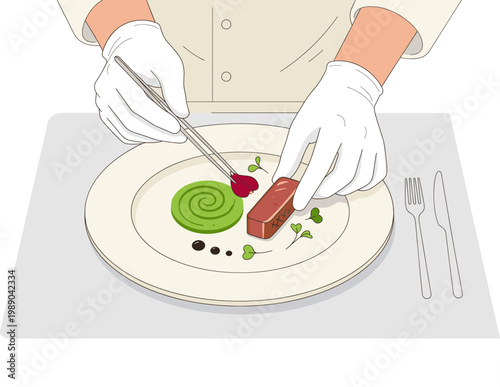 Chef prepares gourmet dish with tenderloin, sauce, herbs, cherry, and spices on plate