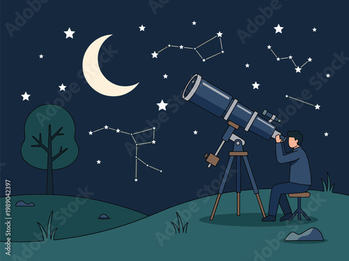 A lone observer gazes through a powerful telescope, captivated by the twinkling stars and crescent moon in the vast, dark night sky, exploring the wonders of the cosmos and beyond
