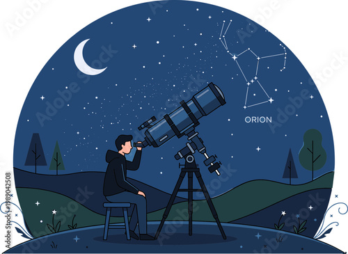 A young stargazer observes the vast night sky and the Orion constellation through a telescope, immersed in the wonders of the universe