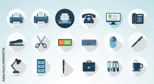 Collection of modern flat design office icons on a light blue background.