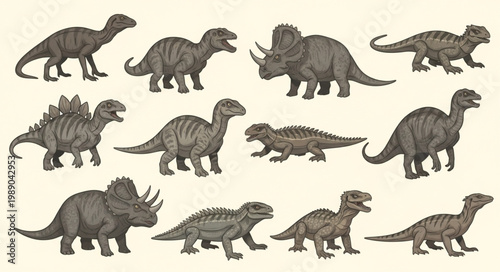 Collection of diverse prehistoric dinosaur illustrations in various poses.