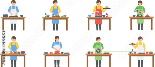 Cooking and food preparation vector set featuring chefs chopping whisking and plating meals in a clean flat design style for recipe blogs