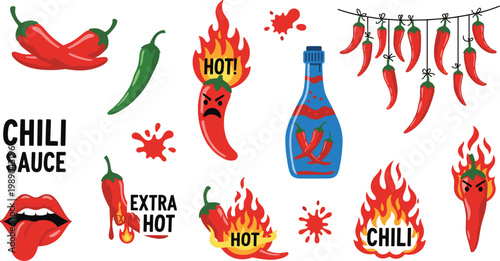 Hot chili sauce vector set featuring spicy red peppers flaming mascots and chili bottle icons in a bold flat design style for restaurant branding
