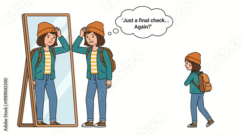 Insecure Young Woman Checking Her Reflection Multiple Times Before Leaving