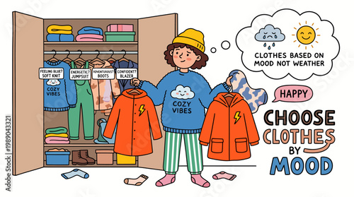 Woman Selecting Fashionable Outfits Based on Emotional Mood and Vibes