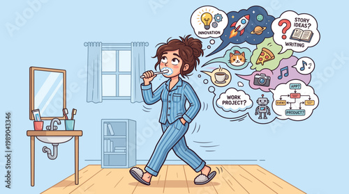 Woman in Pajamas Pacing and Brainstorming Creative Ideas While Brushing Teeth