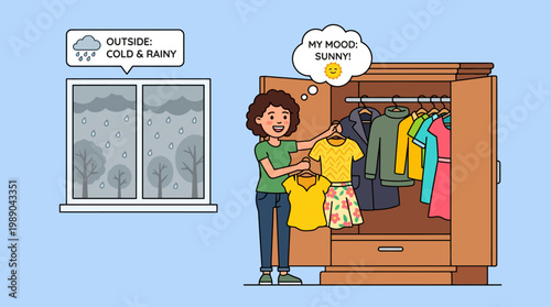 Woman Picking Bright Sunny Outfit to Match Positive Mood on Rainy Day