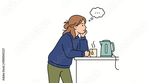 Woman Staring Blankly While Waiting for Tea to Steep in Kitchen Illustration