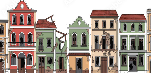 Ruined European city street vector illustration featuring abandoned buildings with broken windows and collapsed roofs in a detailed flat style