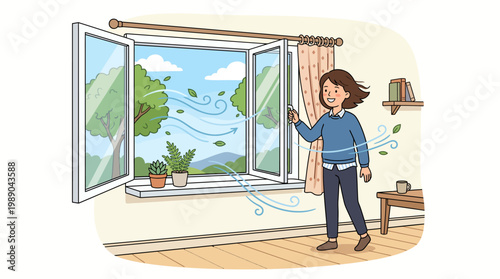 Smiling woman opening window to let fresh air into the room