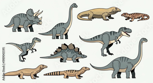 Collection of various prehistoric dinosaur species and reptiles.