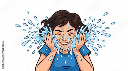 Smiling woman splashing cold water on her face for a refreshing sensory reset