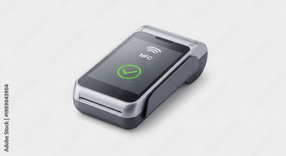 Fototapeta premium Modern contactless payment terminal displaying successful NFC transaction on a clean white