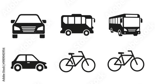 Collection of transportation icons including cars buses and bicycles.
