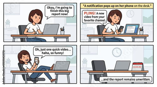 Comic strip showing a woman failing to complete a report due to smartphone distractions