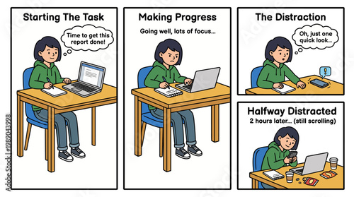 Relatable comic strip of a young woman losing focus on work due to phone distractions