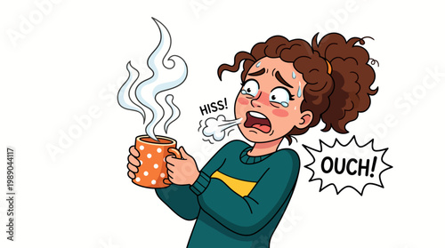 Expressive cartoon of a woman burning her tongue on a steaming hot beverage
