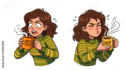 Funny illustration of a woman reacting to taking a sip of very hot tea