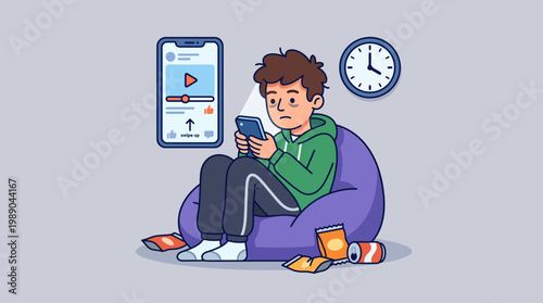 Young Man Lost in Endless Short Video Scrolling and Procrastination Illustration