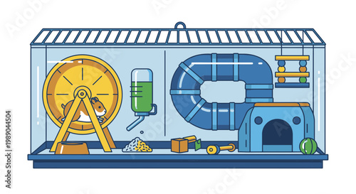 Mouse in a cage with wheel.