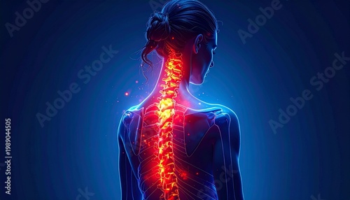A medical anatomical digital illustration of a human figure viewed from the back, highlighting the spinal column. The spine is depicted in bright red, glowing to emphasize its structure and central im
