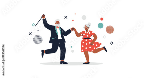 Joyful illustration of an elderly couple dancing together happily surrounded by colorful abstract geometric shapes.