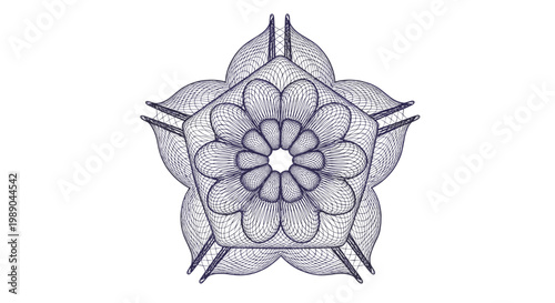 Complex and symmetrical line art illustration of a flower or mandala shape with detailed hatching and fine line work.