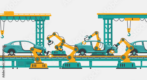 Robotic arms assembling cars on production line.