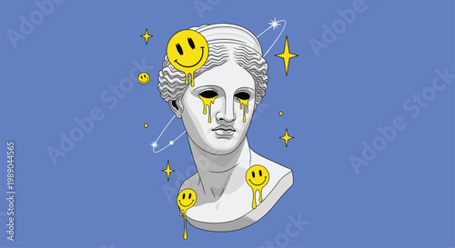 Creative digital art featuring a classical marble bust of a woman with melting yellow smiley faces and sparkling stars.