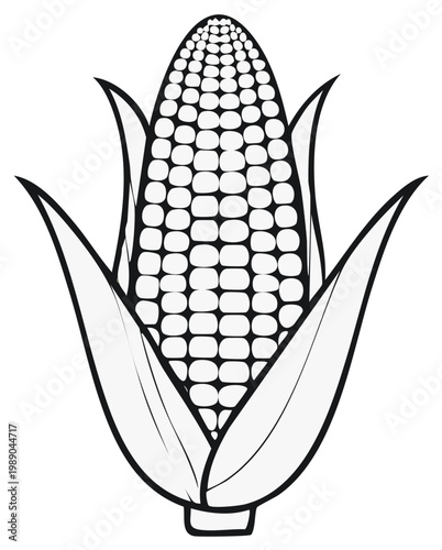 Black and white illustration of an ear of corn with husk and leaves