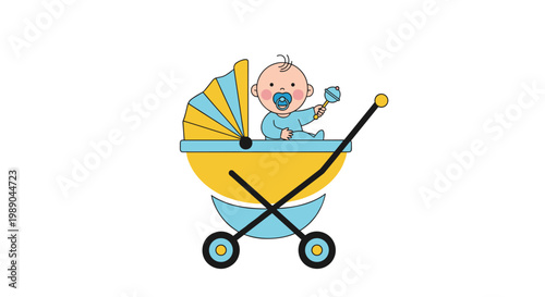 Sweet illustration of a happy baby sitting in a blue and yellow stroller holding a rattle and wearing a pacifier.