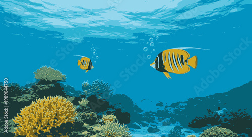 Yellow Fish Swimming Near Coral Reef.