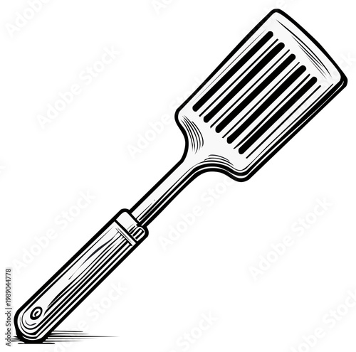 Vintage kitchen spatula illustration in black and white line art