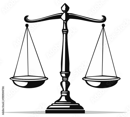 Ornate Scales of Justice Illustration, Black and White Icon, Legal Symbol, Balance Equilibrium, Law Court, Justice System Representation, Judgment