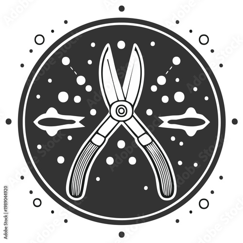Open pruning shears drawing, set in a circle with decorations, evokes a minimalist, ornamental, and symbolic feel. Perfect for branding or emblem use.
