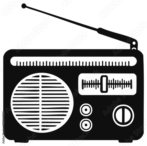 Retro portable radio with antenna and tuning dial emitting sound waves and broadcasting music audio