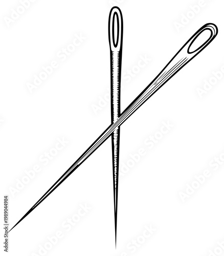 Two sewing needles with large eyes crossed forming an X shape in a simple black and white line art illustration.