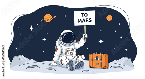 Astronaut sitting on a lunar surface with a suitcase and holding a sign that says To Mars against a dark starry sky background.