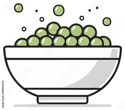 A full bowl of fresh green peas with floating peas. Simple illustration of a healthy meal.