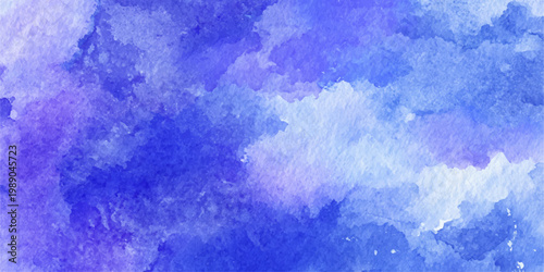 An abstract blue watercolor background features a light paint texture resembling clouds and sky to create a nature-inspired artistic paper backdrop for summer or winter design