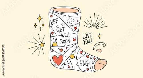 Illustration of a medical leg cast covered in friendly doodles hearts and get well soon messages to comfort someone with an injury.