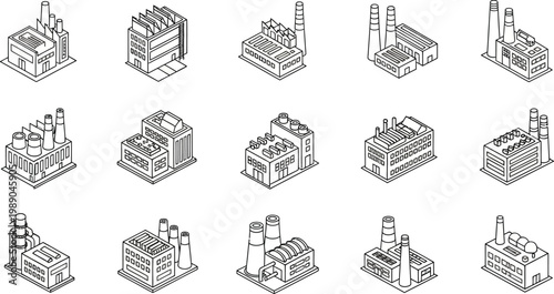 Collection of industrial factory buildings and manufacturing plants in isometric view