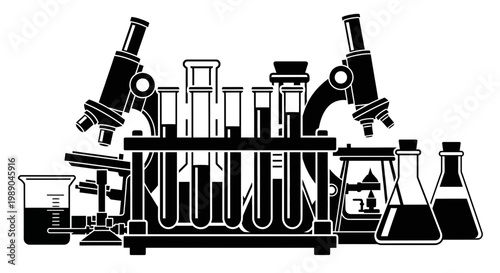 Laboratory Equipment Silhouette: Microscopes, Test Tubes, Beakers, Flasks